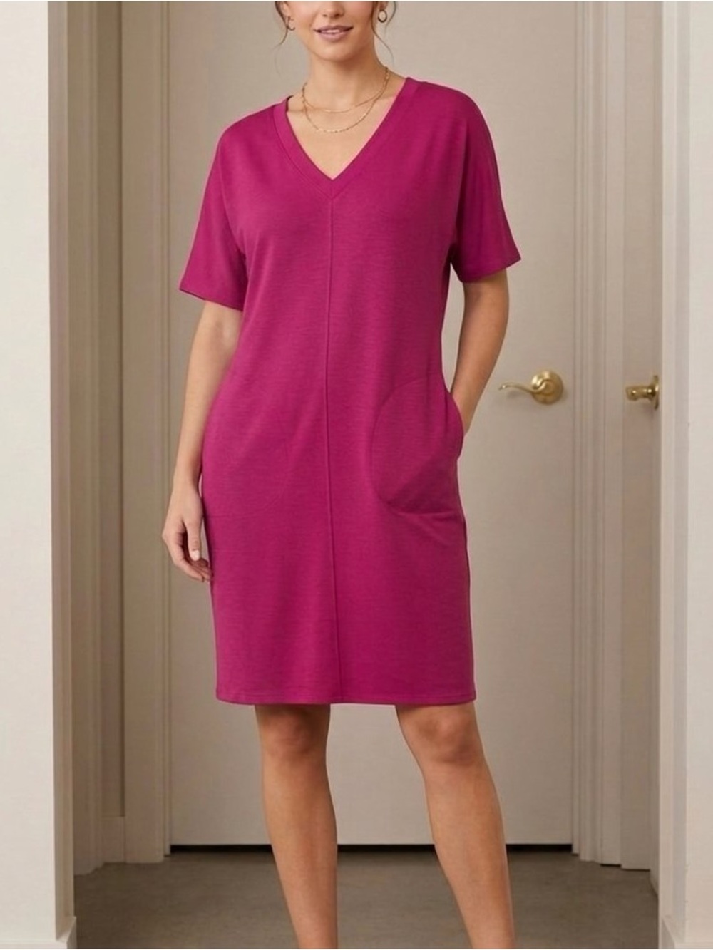 NWT J. Jill Magenta Pink Knit V-Neck Shift Dress Pockets XL Plus Size